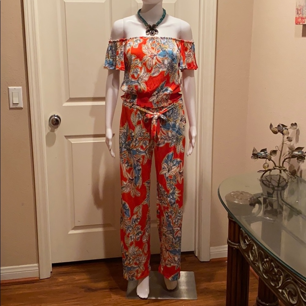 Orange/red floral print pants and crop top…